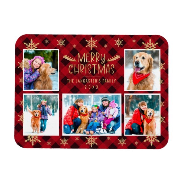 Frohe Weihnachten Red Kariert Gold Snowflakes 5 Fo Magnet (Horizontal)