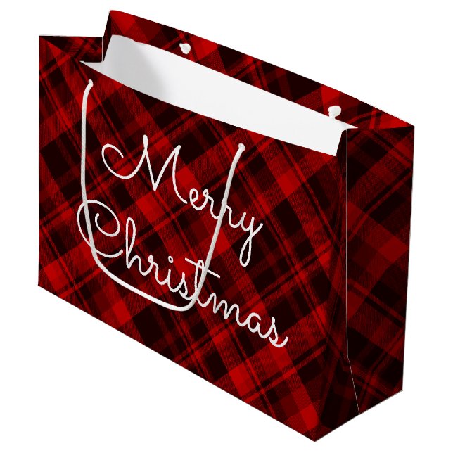 Frohe Weihnachten Red Kariert Tartan Große Geschenktüte (Vorderseite Schrägansicht)