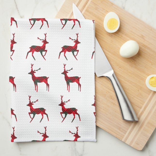 Frohe Weihnachten Red Kariert Tartan Reindeer Patt Geschirrtuch (Viertel Falte)