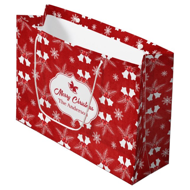 Frohe Weihnachten Red Pattern Weihnachtsglocke Große Geschenktüte (Vorderseite Schrägansicht)