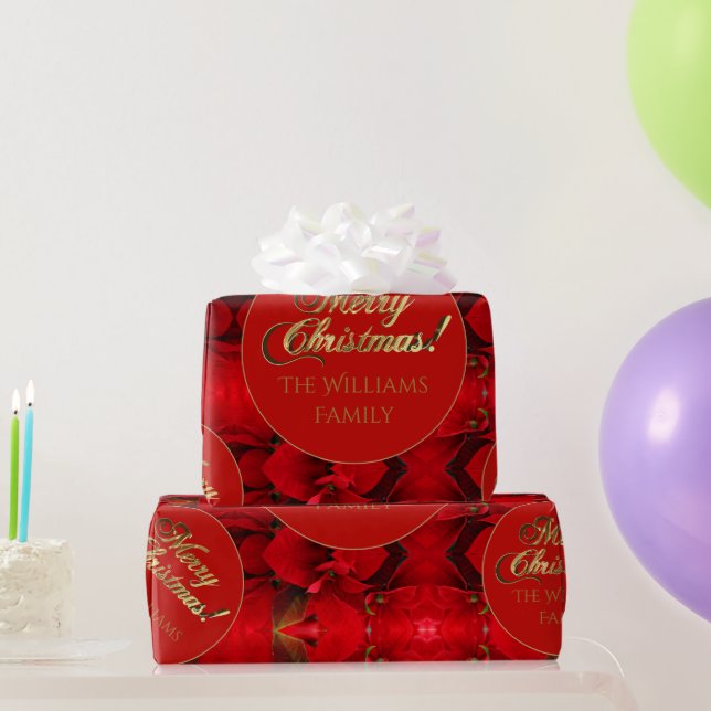 Frohe Weihnachten Red Poinsettia Elegant Gold Scri Geschenkpapier (Partygeschenke)