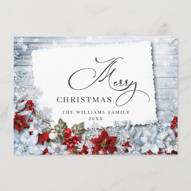 Frohe Weihnachten Red Poinsettia Rustic Wood (Vorderseite)