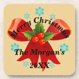 Frohe Weihnachten Red Ribbon Holly Leaf Getränkeuntersetzer
