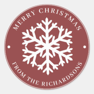 Frohe Weihnachten Red Round White Snowflake Runder Aufkleber