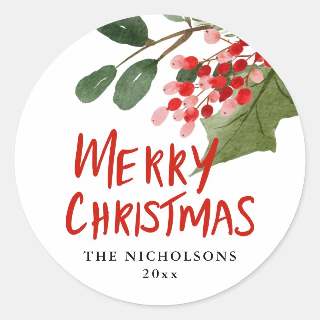 Frohe Weihnachten Red Script Holiday Berry Runder Aufkleber (Vorderseite)