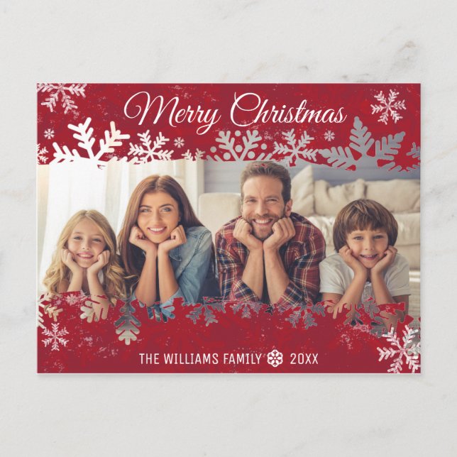 Frohe Weihnachten RED Snowflake Familienwünsche FO Postkarte (Vorderseite)