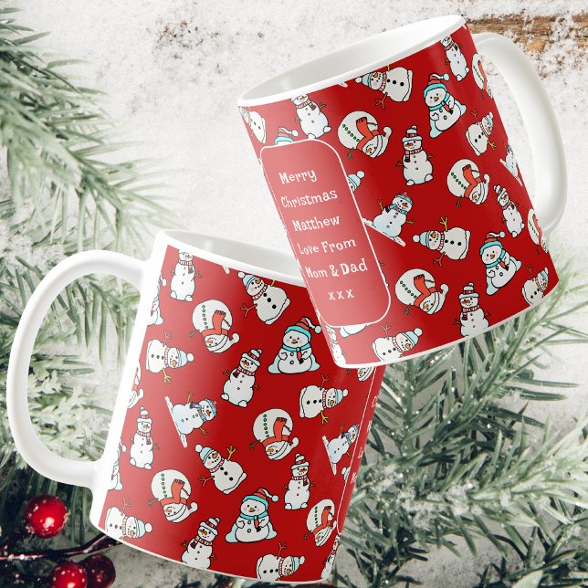 Frohe Weihnachten | Red Snowman Coffee Kaffeetasse (Front, Side And Back)