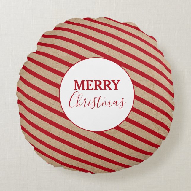 Frohe Weihnachten Red Stripes Kraft rustikal Rundes Kissen (Vorderseite)