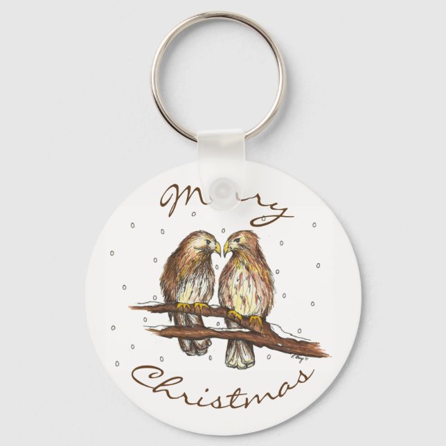 Frohe Weihnachten Red Tail Hawk Love Bird Snow Schlüsselanhänger (Vorderseite)