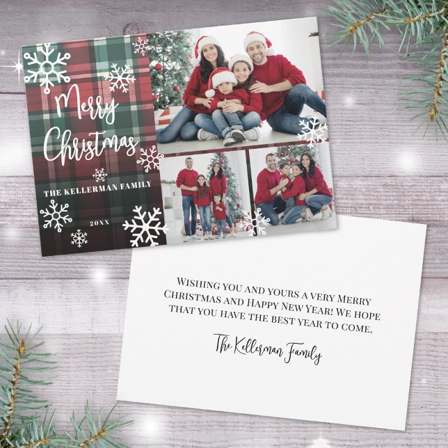 Frohe Weihnachten Red Tartan Foto (Merry Christmas Red Tartan Photo Holiday Card)