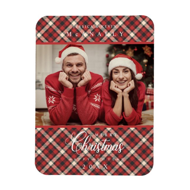 Frohe Weihnachten Red Tartan Kariertes Foto Magnet (Vertikal)