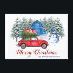 Frohe Weihnachten Red Truck Snowman Rustic Gruß Karte<br><div class="desc">Frohe Weihnachten Red Car Snowman Rustic Grußkarte.</div>