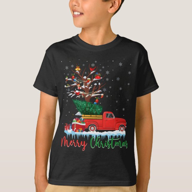 Frohe Weihnachten Red Truck Weihnachtsbaum Lichter T-Shirt (Vorderseite)
