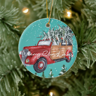 Frohe Weihnachten Red Truck Winter Schneefall Keramik Ornament