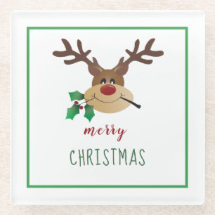 Frohe Weihnachten Reindeer Mistletoe Green Glasuntersetzer