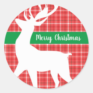 Frohe Weihnachten Reindeer Red Kariert Twill Runder Aufkleber