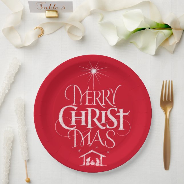 Frohe Weihnachten Religiöse Calligraphie Chalk Red Pappteller (Hochzeit)
