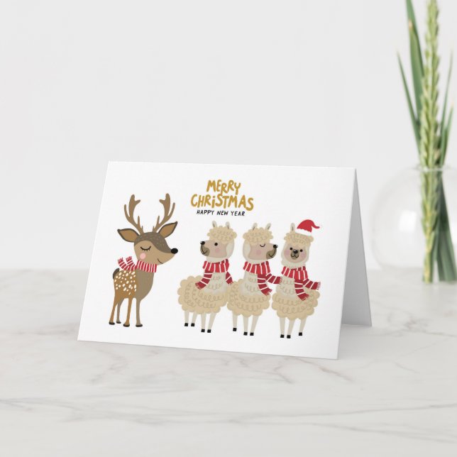 Frohe Weihnachten | Rentier & Alpacas Karte (Vorderseite)