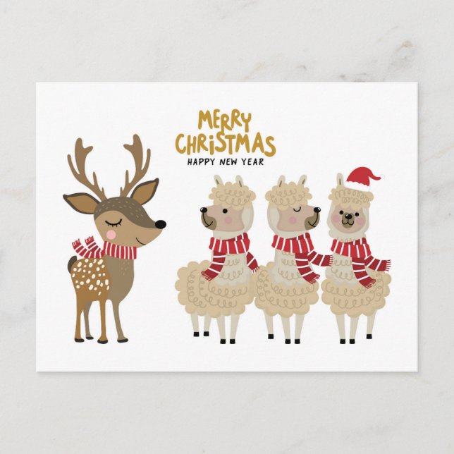 Frohe Weihnachten | Rentier & Alpacas Postkarte (Vorderseite)