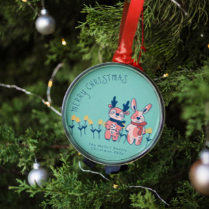 Frohe Weihnachten – Rentier & Hase auf Türkis Ornament Aus Metall