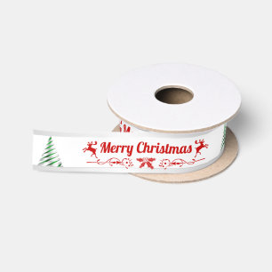 Frohe Weihnachten Rentier mit grünem Baum Satinband