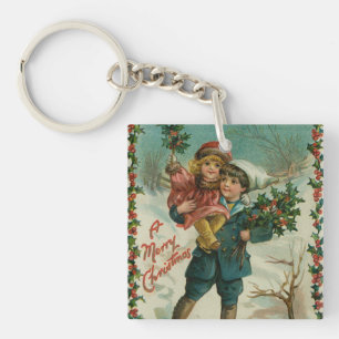 Frohe Weihnachten - Retro-Postkarte, Kinder, Stech Schlüsselanhänger