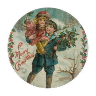Frohe Weihnachten - Retro-Postkarte, Kinder, Stech Schneidebrett