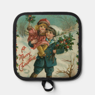 Frohe Weihnachten - Retro-Postkarte, Kinder, Stech Topflappen