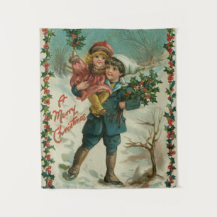 Frohe Weihnachten - Retro-Postkarte, Kinder, Stech Wandteppich