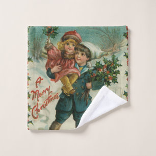 Frohe Weihnachten - Retro-Postkarte, Kinder, Stech Waschlappen