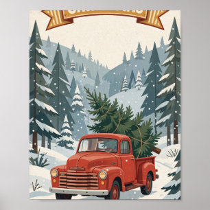 Frohe Weihnachten — Retro roter LKW mit Baum Poster