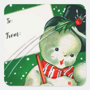 Frohe Weihnachten   Retro-Schneemann-Geschenk-Anhä Quadratischer Aufkleber