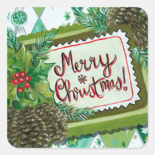 Frohe Weihnachten Retro-Stechpalme & Kiefernzapf Quadratischer Aufkleber
