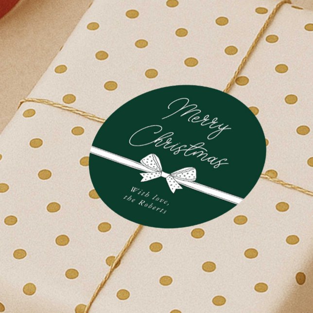 Frohe Weihnachten Ribbon handgeschriebene Moderne Runder Aufkleber (Modern whimsical bow green and white Christmas stickers)