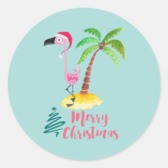 Frohe Weihnachten rosa Flamingo mit Palm Tree Runder Aufkleber (Vorderseite)