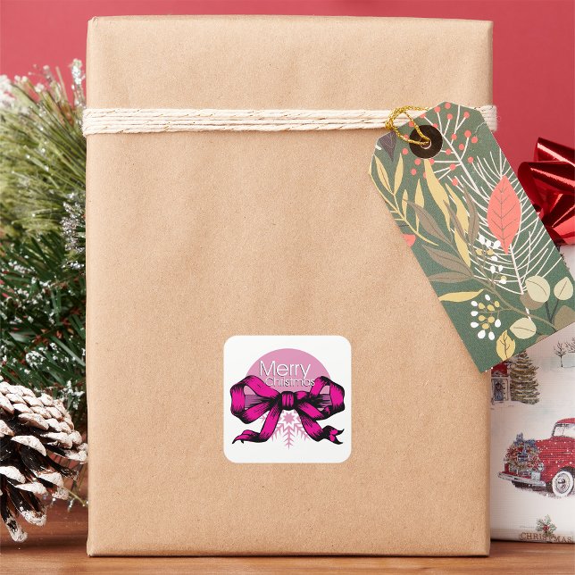 Frohe Weihnachten Rosa Schleife Quadratischer Aufkleber (Von Creator hochgeladen)