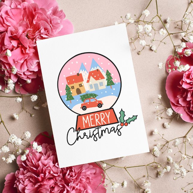 Frohe Weihnachten Rosa und Roter Schneeglobe Karte (Merry Christmas Illustrated Blank Greeting Card Pink Retro Snow Globe Holiday Card No Photos)