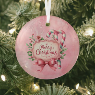 Frohe Weihnachten Rosa Zuckerstangen-Stechpalme Ornament Aus Glas