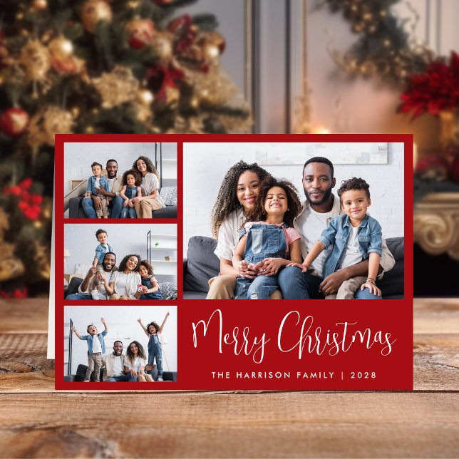 Frohe Weihnachten Rot 4 Foto (Share the love and warmth of the season with a personalized 4 photo Christmas card)