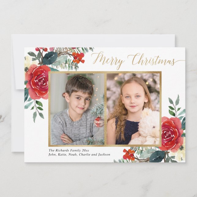 Frohe Weihnachten rot florale Aquarell zwei Foto (Vorderseite)