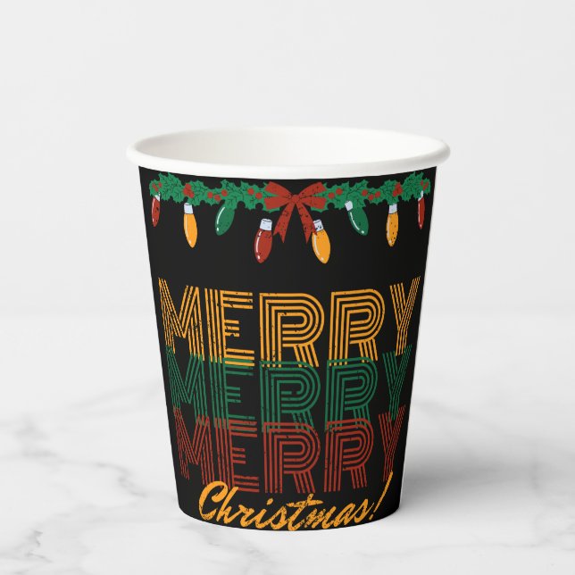 Frohe Weihnachten rot-gelbe Typografie Pappbecher (Rückseite)