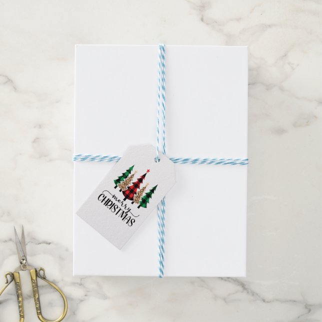 Frohe Weihnachten Rot Grün Karierte Bäume Geschenkanhänger (Mit Garn)