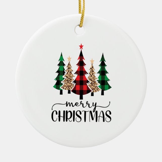 Frohe Weihnachten Rot Grün Karierte Bäume Keramik Ornament (Vorne)