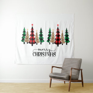 Frohe Weihnachten Rot Grün Karierte Bäume Wandteppich