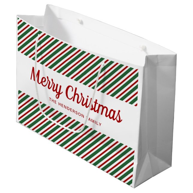 Frohe Weihnachten Rot Grün Streifen Muster Große Geschenktüte (Vorderseite Schrägansicht)