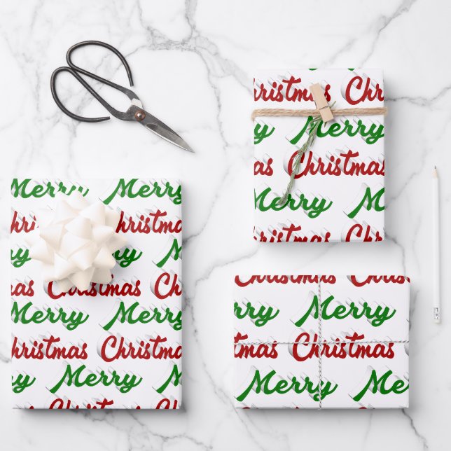 Frohe Weihnachten rot-grüne Schrift Geschenkpapier Set (Vorderseite)