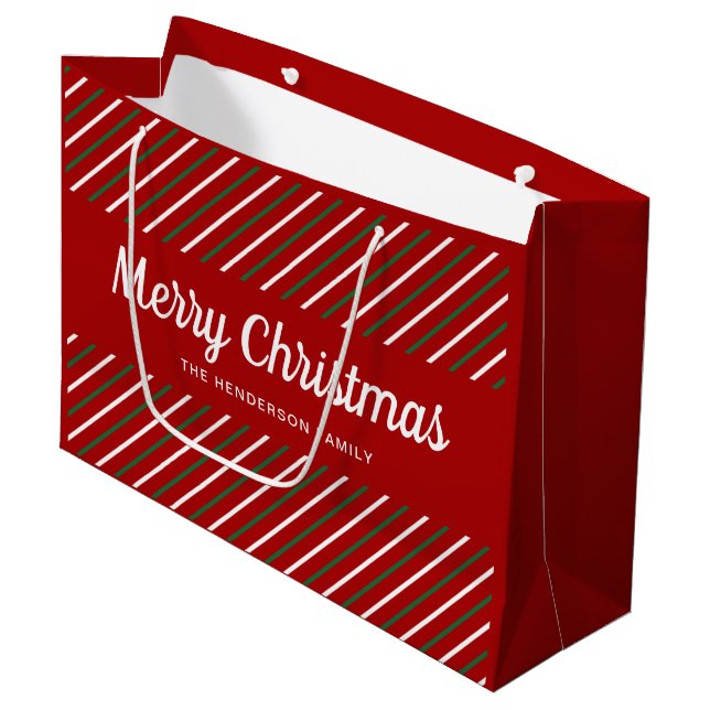 Frohe Weihnachten Rot Grüne Streifen Große Geschenktüte (Vorderseite Schrägansicht)