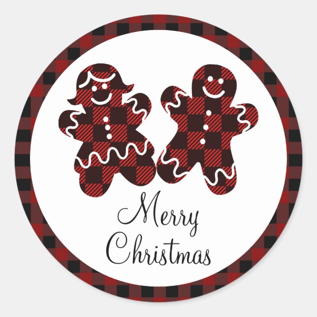 Frohe Weihnachten Rot & Schwarz Kariertes Lebkuche Runder Aufkleber (Vorderseite)
