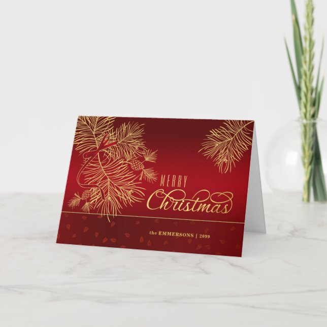 Frohe Weihnachten Rot und Golden Pines mit Namen (Vorderseite)