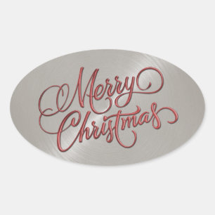 Frohe Weihnachten Rot und Grau Embossed Look Ovaler Aufkleber